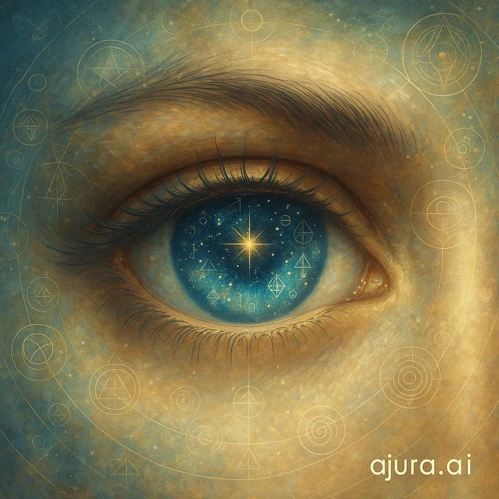A radiant close-up of a human eye reflecting stars and sacred symbols, representing the merging of physical and inner sight.
