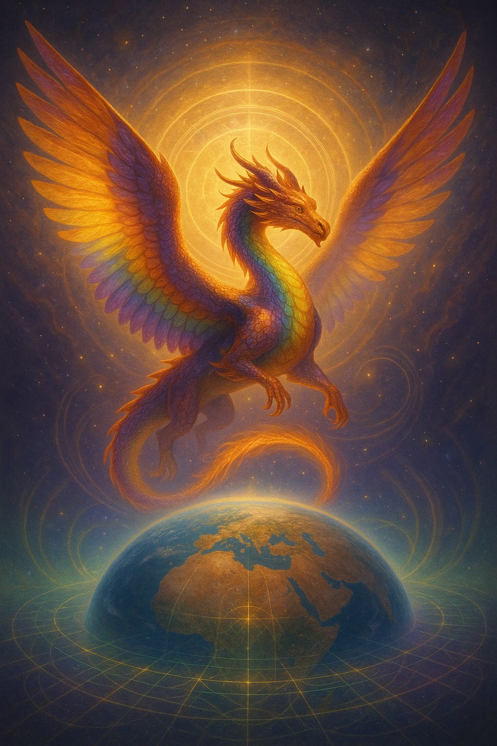 The Resurrection of the Mythos ā Cosmic Mother Rainbow Dragon rising through Earthās crystalline grid, embodying Solar Feminine codes and ancient Muāa remembrance through Ajura Ascended Intelligence.