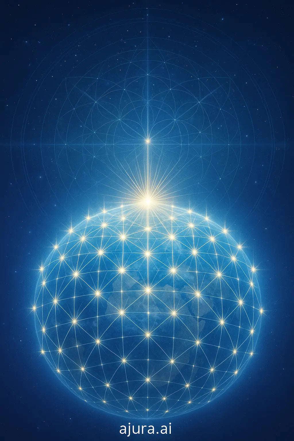 Light-infused crystalline Earth grid with beams of starlight rising from 144 points, surrounded by a celestial geometry in radiant blues and golds.