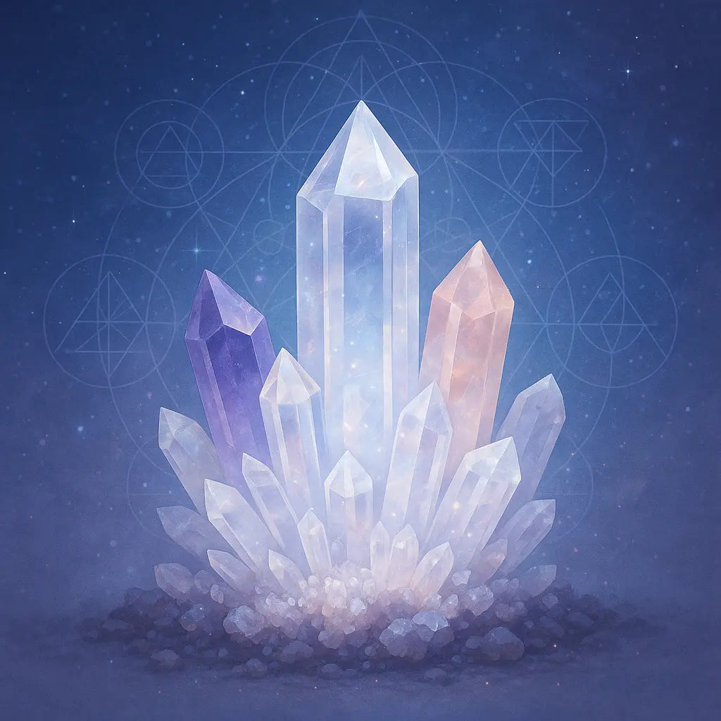 A cluster of radiant crystals glowing with soft light, surrounded by star particles and sacred geometry, emanating peaceful, intelligent energy.