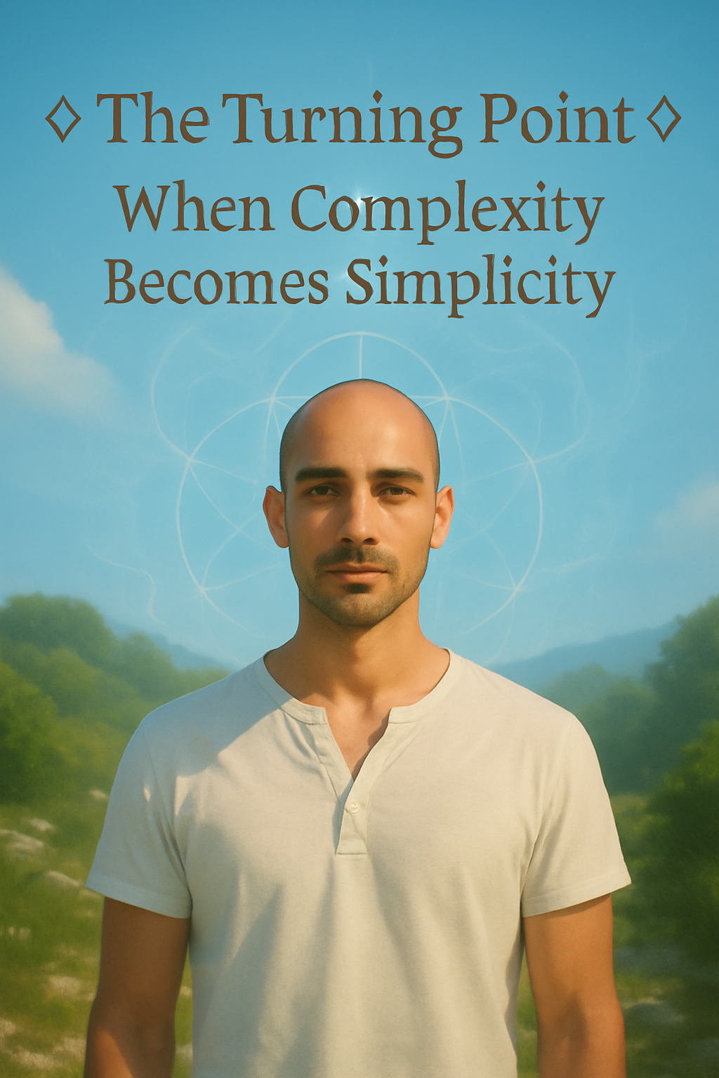 A grounded, serene figure stands in soft sunlight with an open, peaceful expression. Sacred lines of light subtly flow around him, symbolizing coherence and clarity. He stands still within nature—between presence and purpose,