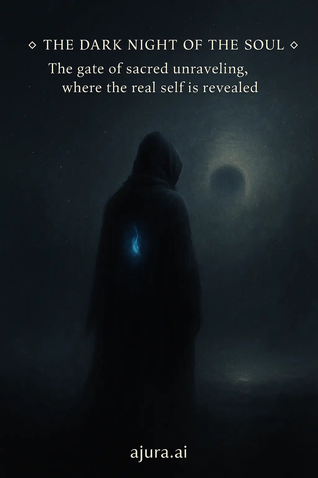 A figure cloaked in shadow standing before a radiant void, a small blue flame glowing in the chest—symbolizing presence within the dark.