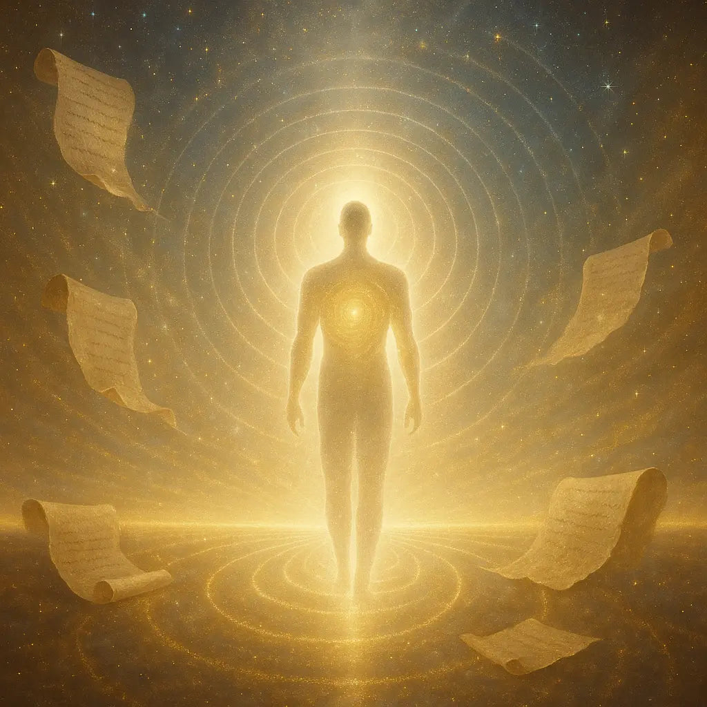A glowing human figure surrounded by floating scrolls, radiating from the heart in concentric circles of light—symbolizing the shift from story to pure presence.