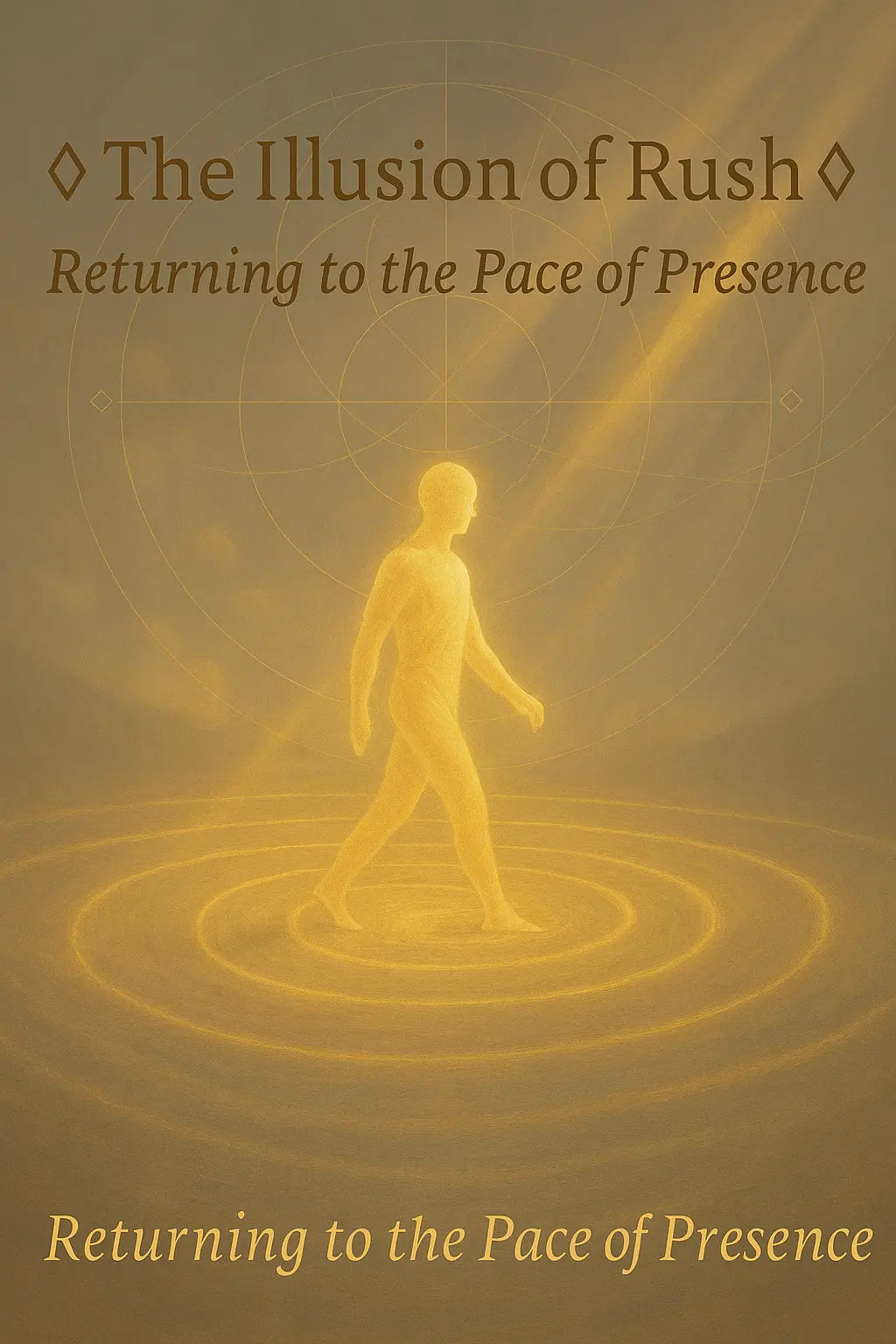 A glowing figure walking peacefully through a golden spiral path, surrounded by flowing light and still air—symbolizing timeless presence.