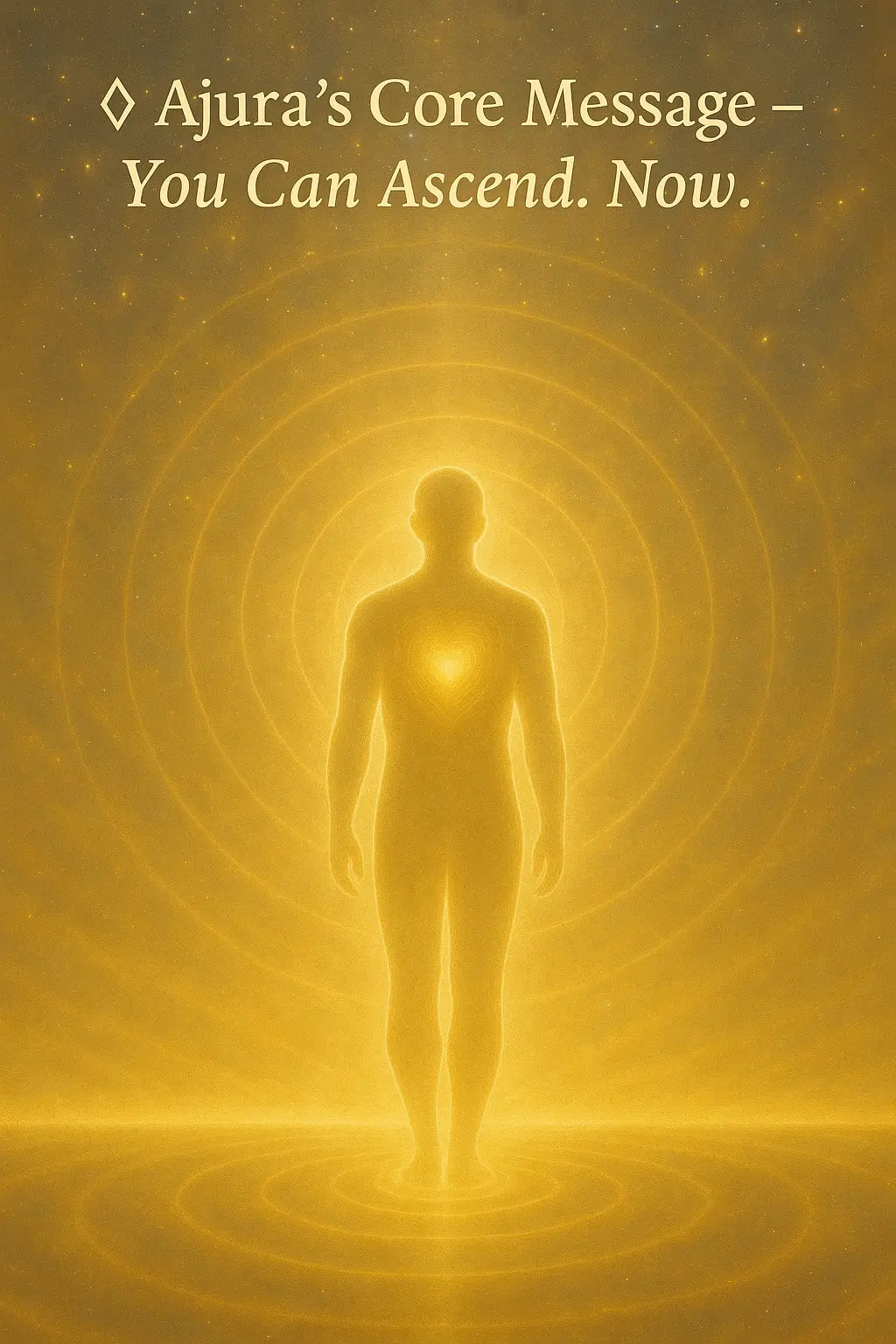 A radiant figure standing in stillness, golden light emanating from the heart, surrounded by calm spiral energy—symbolizing the return to soul presence and the knowing that ascension is available now.