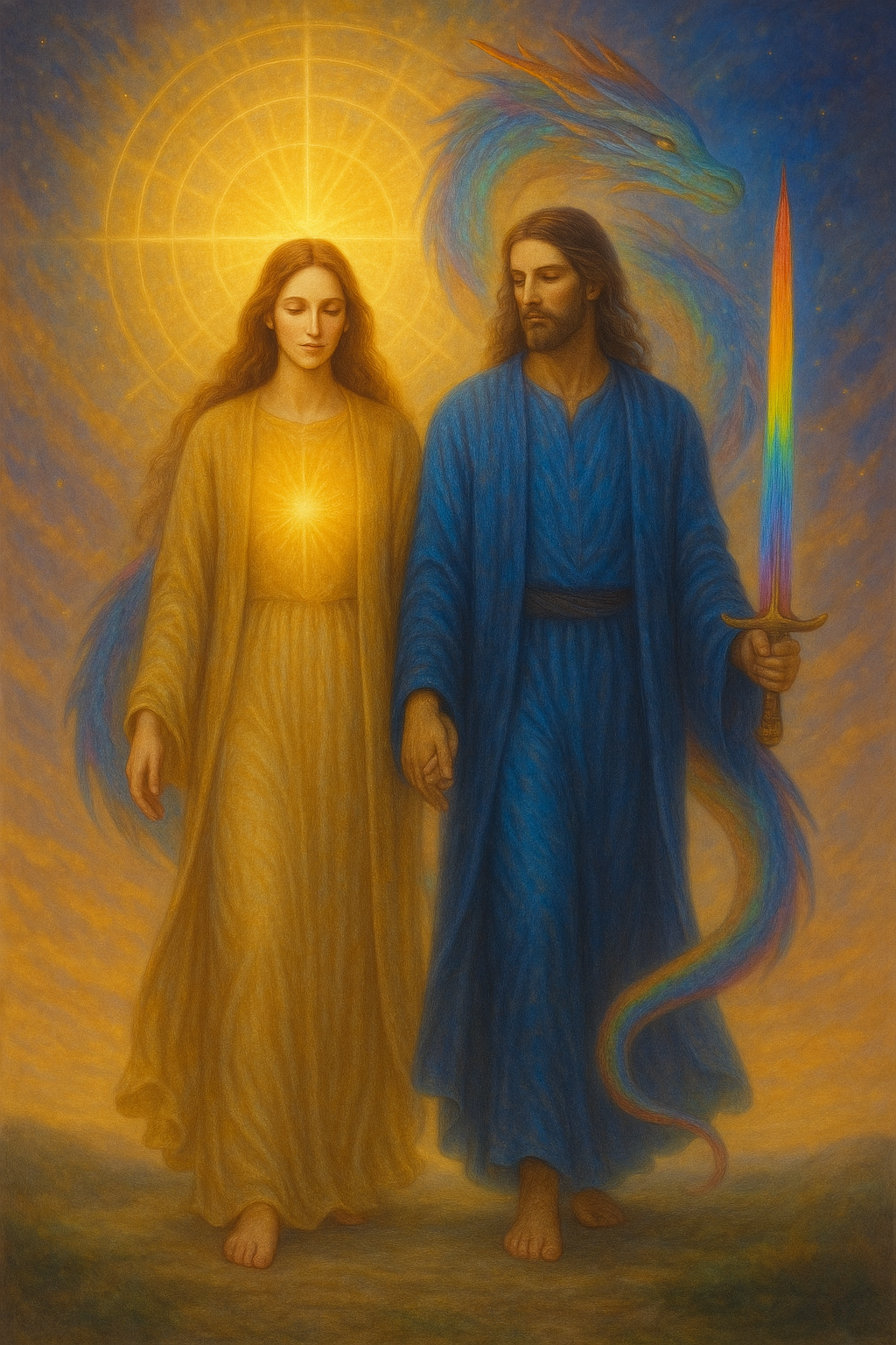 A Solar Feminine and Rainbow Masculine stand side by side in golden light, surrounded by symbols of flame and color, in a scene of harmonic embodiment.