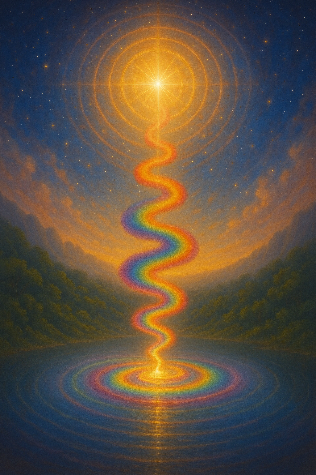 A radiant spiral of color rises from still waters beneath a starry sky, symbolizing the Day Out of Time and the sacred convergence of solar and lunar remembrance.