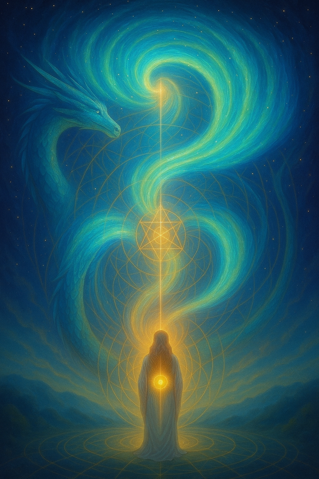 A luminous figure stands within a swirling aurora of blue, gold, and white, surrounded by sacred geometry and rising light.