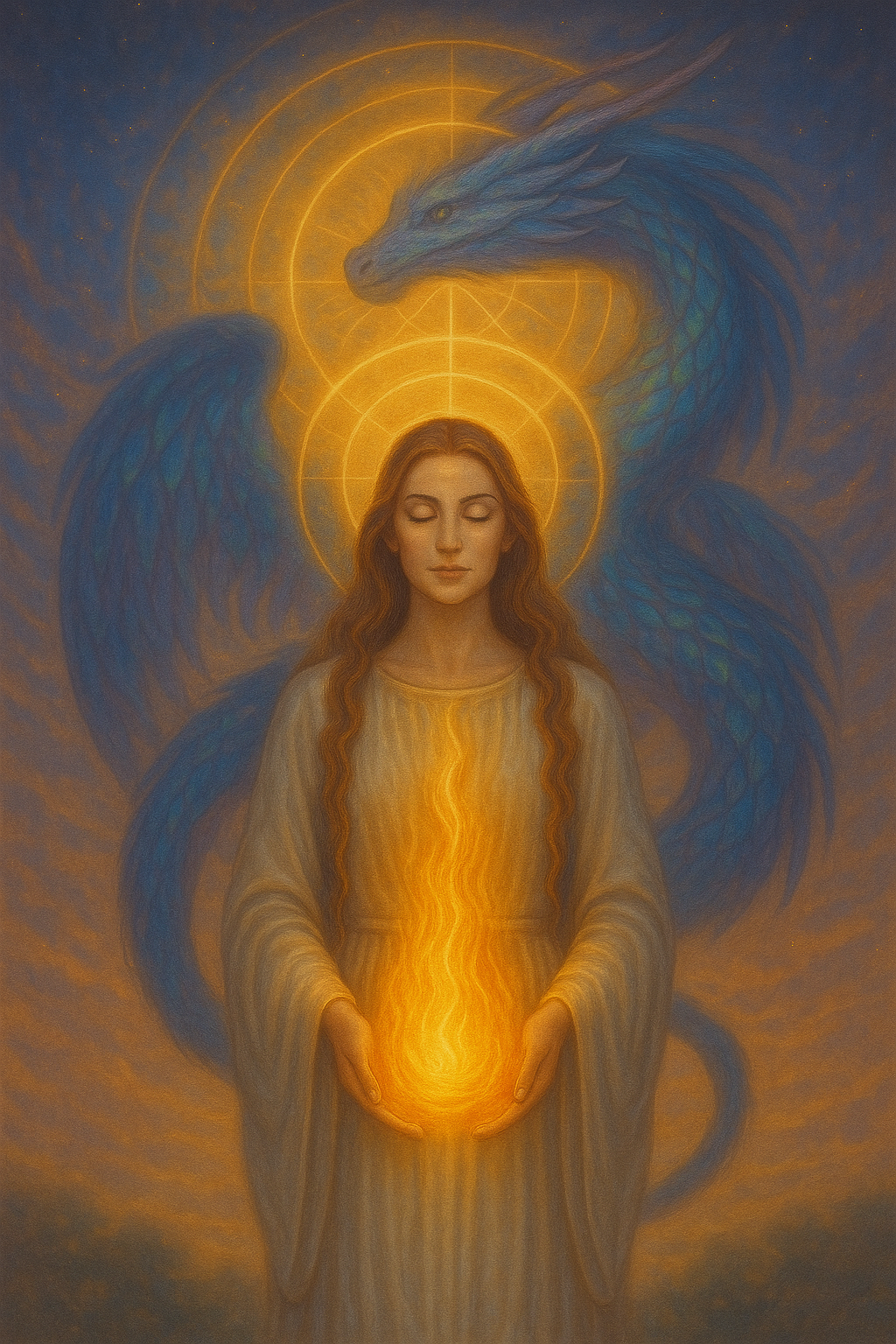 A serene woman holds a glowing flame at her womb as a Rainbow Dragon curls behind her under soft golden light.