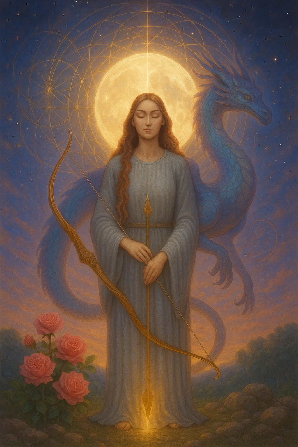 A serene woman stands in moonlight, holding golden light at her center, flanked by a blue dragon. Her eyes are closed in stillness beneath a full moon, representing Artemis and the return of the Lunar Guardian.