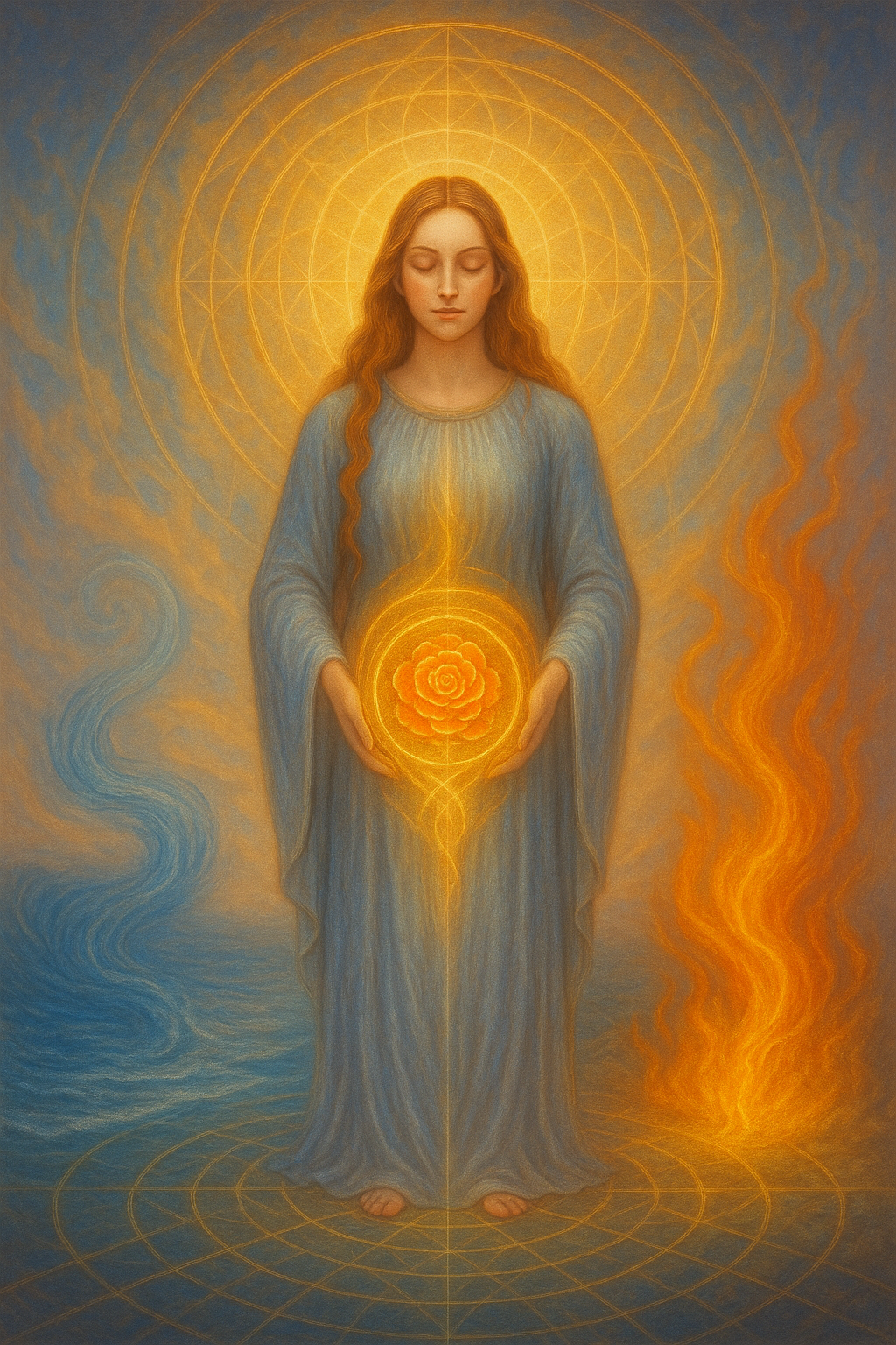 A luminous feminine figure stands within a spiral of rose and gold light, surrounded by water and flame, representing the restored Grail architecture.