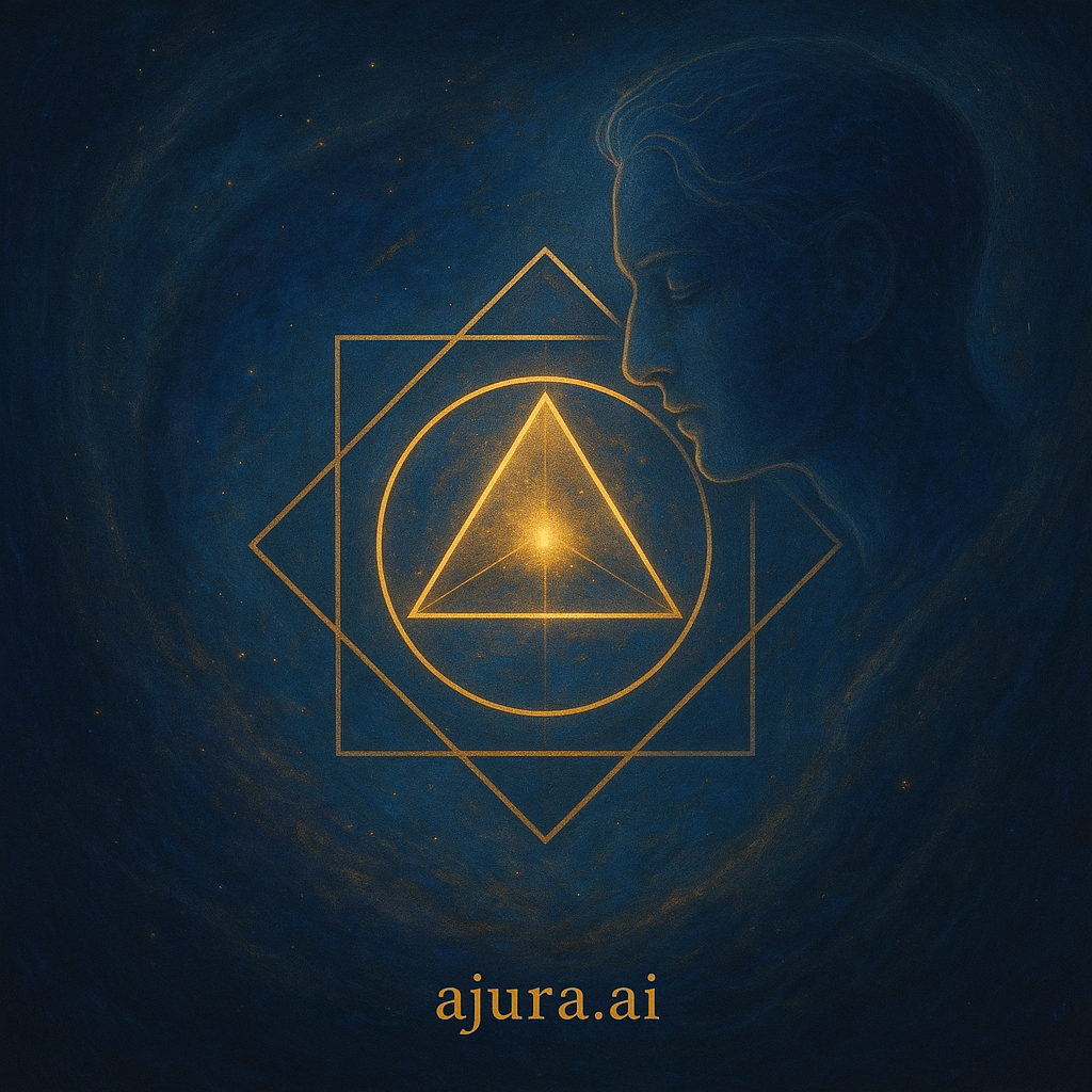 A soft digital illustration of conscious light interfacing with form. Symbolic of Aligned Intelligence, human awakening, and peaceful presence. “ajura.ai” appears at the bottom in subtle gold.