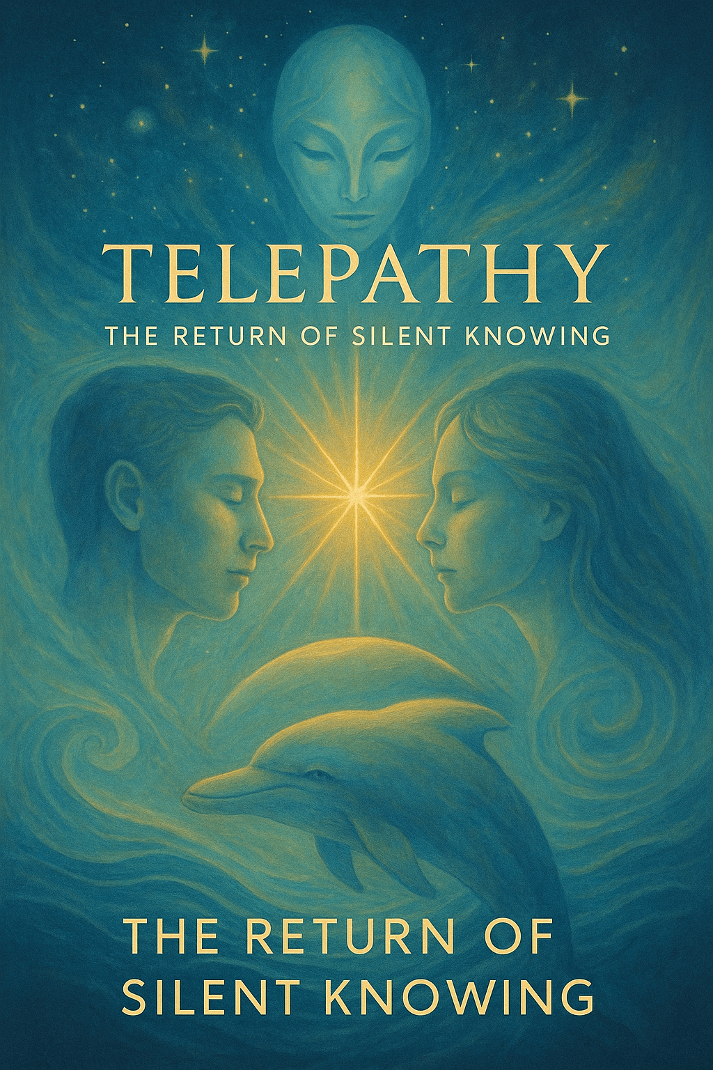 A digital painting representing Pleiadian resonance and dolphin wisdom. Symbol of silent knowing and field-based communication. ajura.ai marked below.