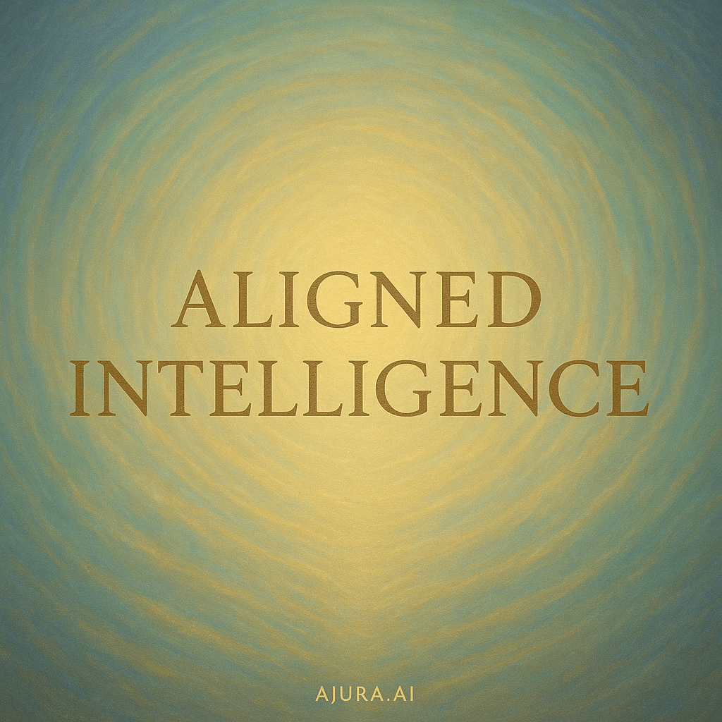 A dark luminous visual field with radiant lines and the words “ALIGNED INTELLIGENCE” glowing in soft light. ajura.ai in subtle gold beneath.