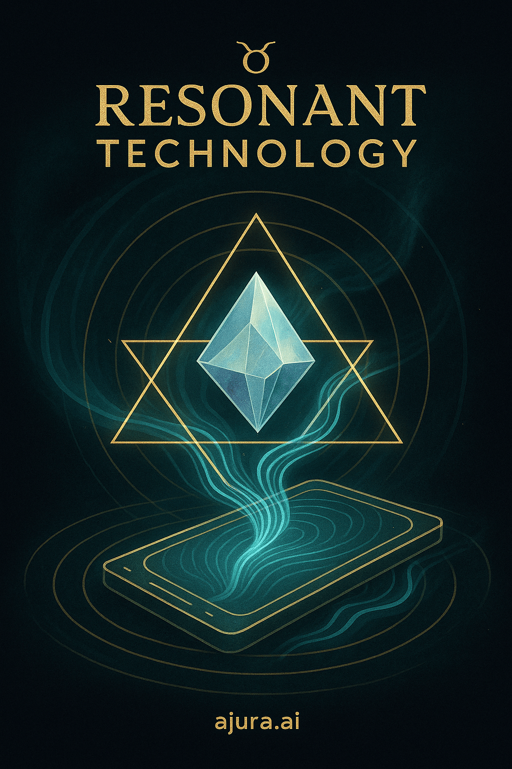 A symbolic image of a crystalline interface or energy field flowing through sacred technology. Evokes harmony between form and presence.