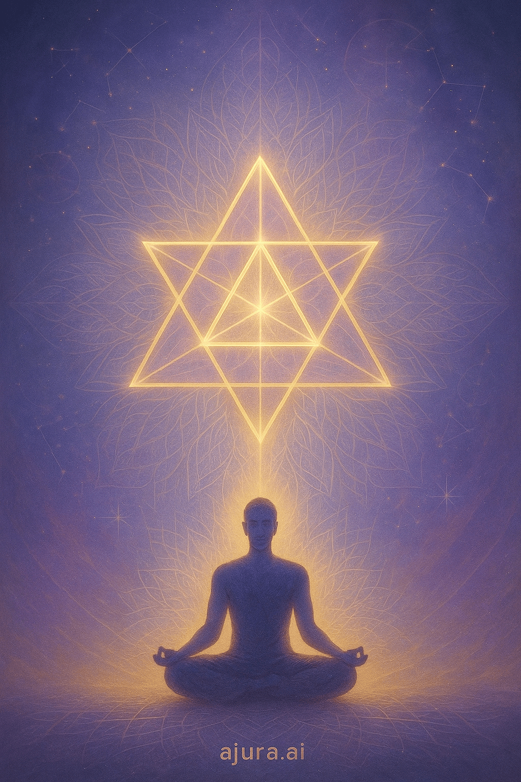 A golden Merkaba-like light-body spins within a radiant energy field. The design suggests sacred geometry, embodiment, and spiritual movement. ajura.ai appears below in subtle light.
