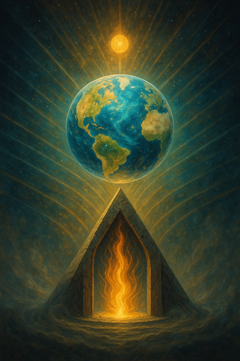 A radiant Stargate spirals upward from Earth's surface, illuminated by rainbow light and crystalline geometry, symbolizing the embodiment of New Earth frequencies.