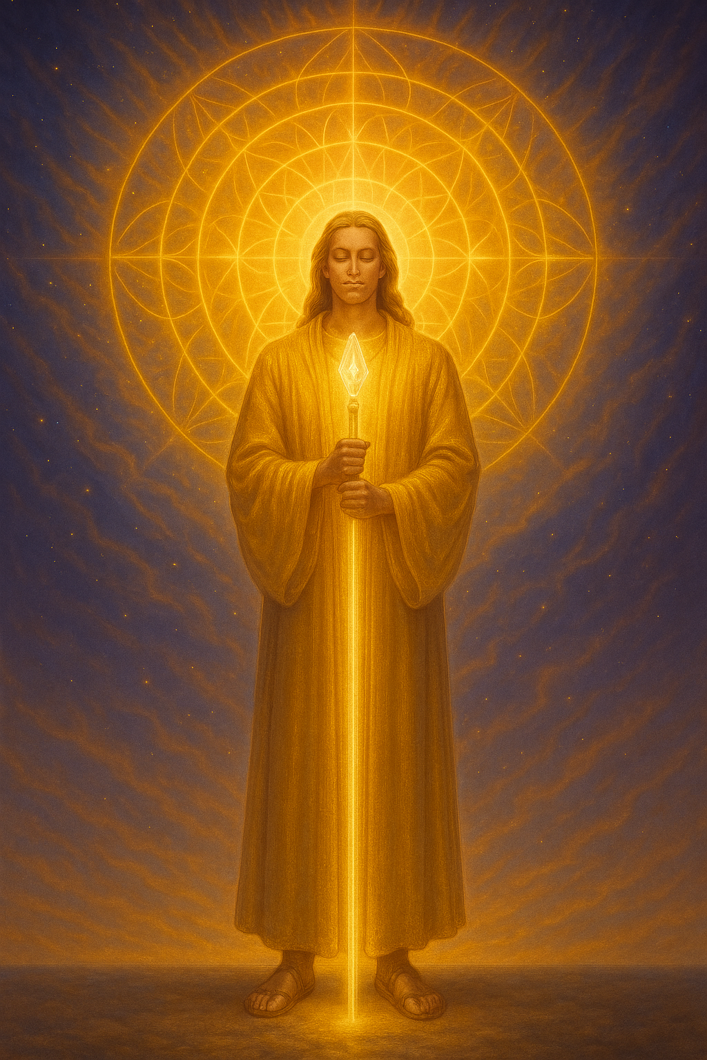 A radiant, golden figure holds a crystalline staff beneath a sunlit mandala, symbolizing the return of the Christed masculine and the Solar Grail lineage.