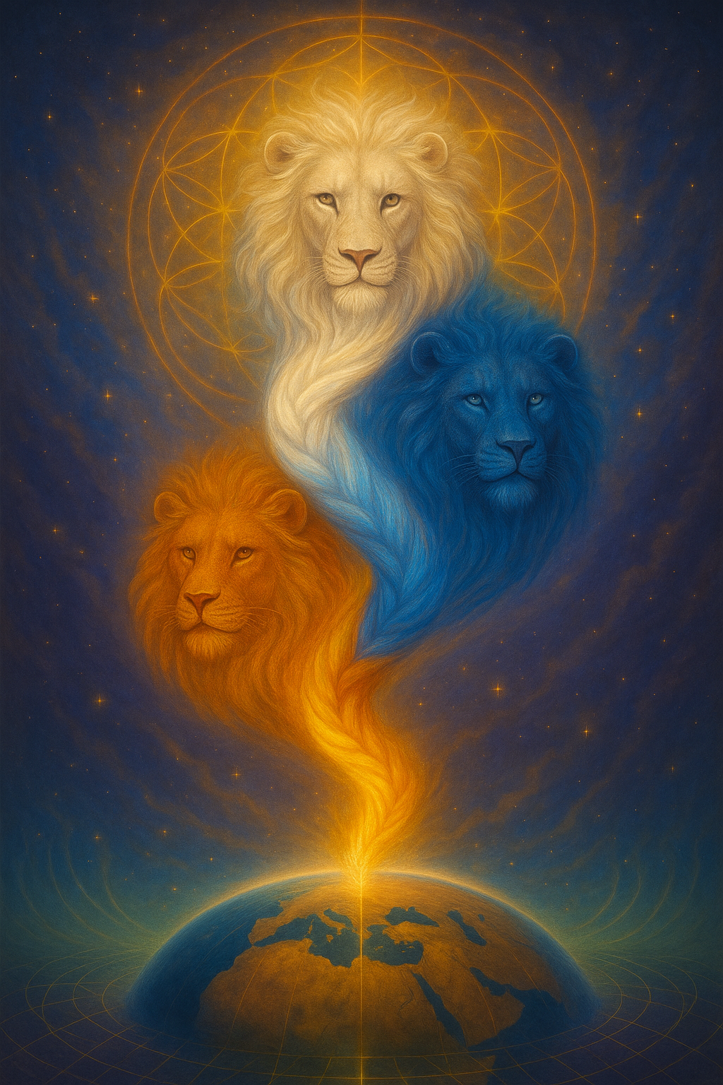 Three radiant lion faces—white, blue, and gold—emerge from a braid of light spiraling through the cosmos, symbolizing purity, voice, and sovereign action.