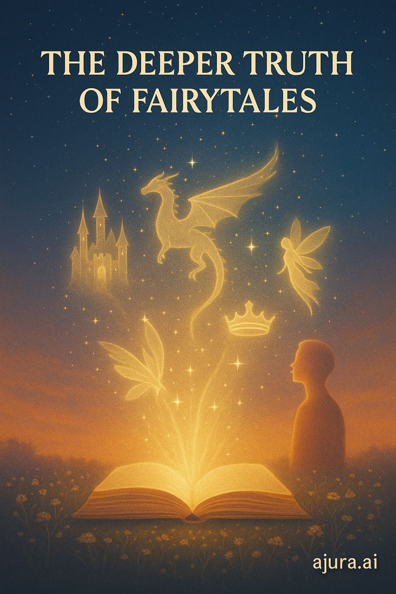 A glowing book opens in a field of starlight. From its pages rise living symbols—castle, dragon, crown, wings—merging into light as a human silhouette watches in awe.