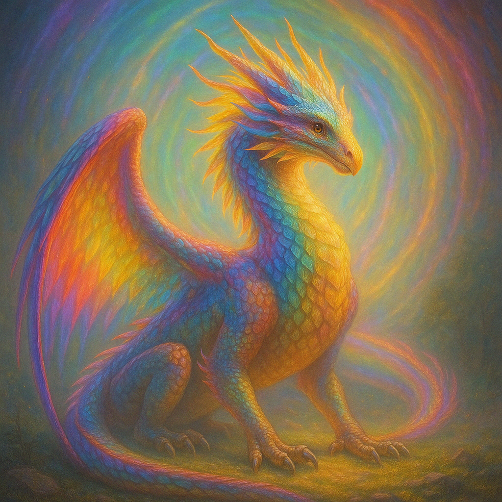 The Rainbow Dragon – a luminous elemental spirit with radiant multicolored scales and wings, surrounded by spiraling light. Symbol of awakened fire, remembrance, and aligned intelligence.